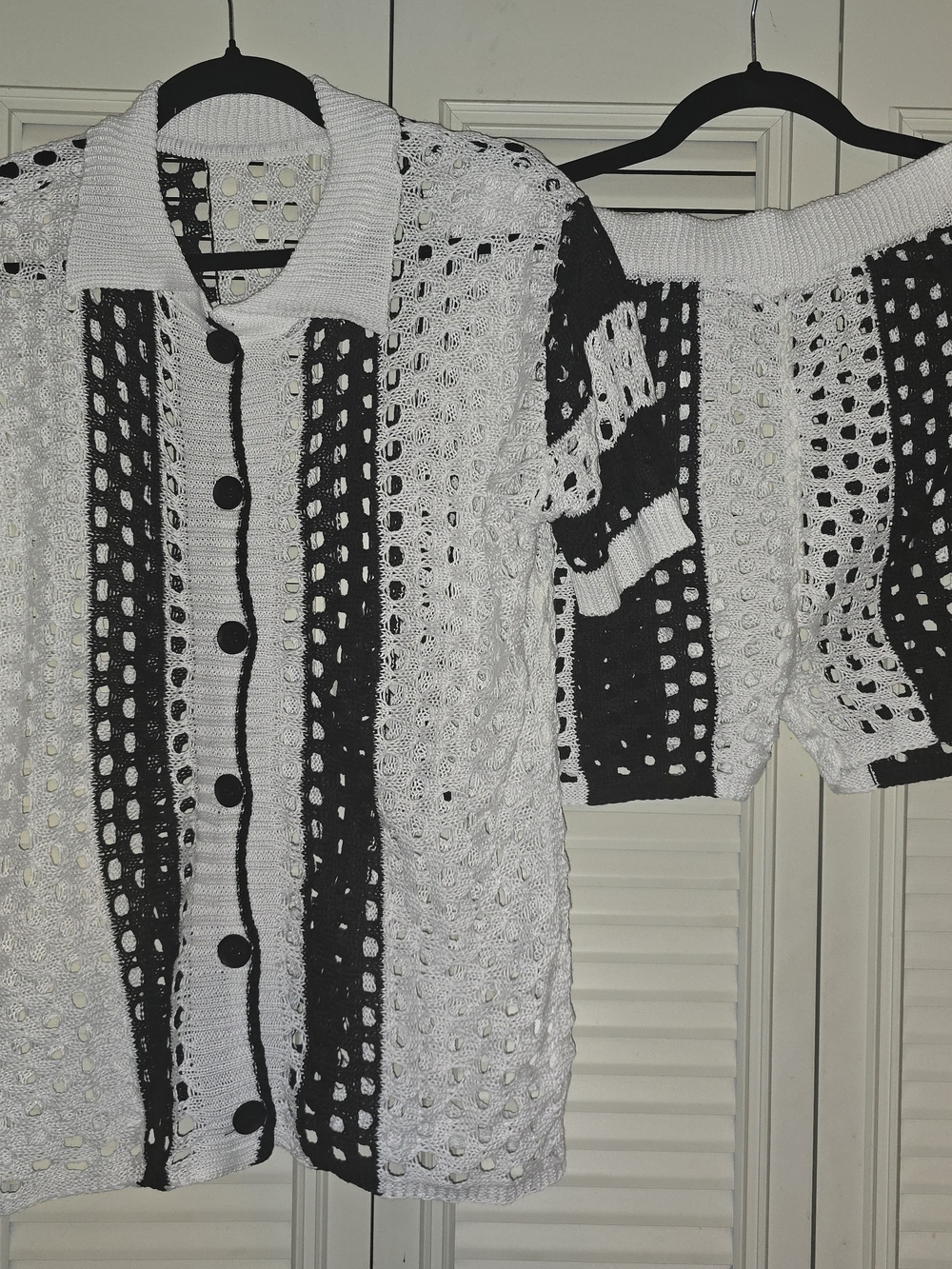 Black and White Open-Knit Button-Up Sweater - Women